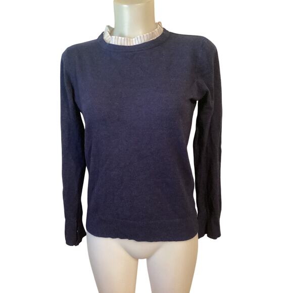 5041 Vila Milano Women Pullover Long Sleeve Sweater Ruffle Neck Navy Blue Medium - Picture 1 of 6